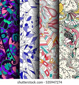 Set of tracery colorful seamless patterns. Curved doodling backgrounds for textile of printing with mehndi and ethnic motives. Vector.