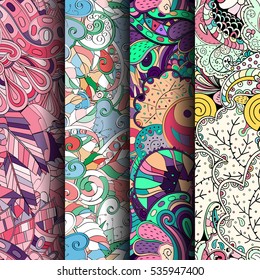 Set of tracery colorful seamless patterns. Curved doodling backgrounds for textile of printing with mehndi and ethnic motives. Vector.