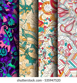 Set of tracery colorful seamless patterns. Curved doodling backgrounds for textile of printing with mehndi and ethnic motives. Vector.