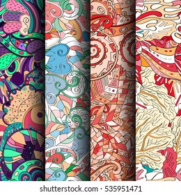 Set of tracery colorful seamless patterns. Curved doodling backgrounds for textile of printing with mehndi and ethnic motives. Vector.