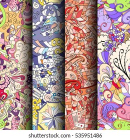 Set of tracery colorful seamless patterns. Curved doodling backgrounds for textile of printing with mehndi and ethnic motives. Vector.