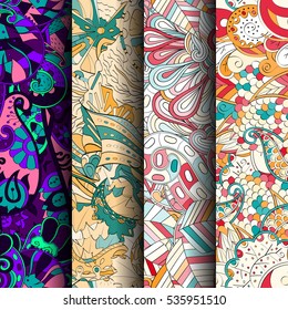 Set of tracery colorful seamless patterns. Curved doodling backgrounds for textile of printing with mehndi and ethnic motives. Vector.