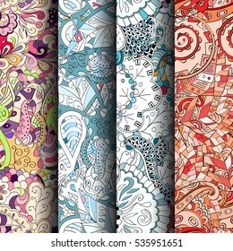 Set of tracery colorful seamless patterns. Curved doodling backgrounds for textile of printing with mehndi and ethnic motives. Vector.