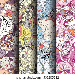 Set of tracery colorful seamless patterns. Curved doodling backgrounds for textile of printing with mehndi and ethnic motives. Vector.