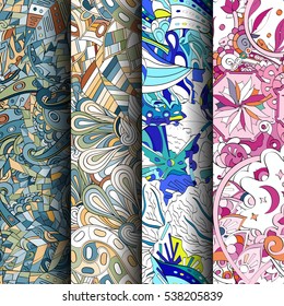 Set of tracery colorful seamless patterns. Curved doodling backgrounds for textile of printing with mehndi and ethnic motives. Vector.