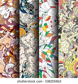 Set of tracery colorful seamless patterns. Curved doodling backgrounds for textile of printing with mehndi and ethnic motives. Vector.