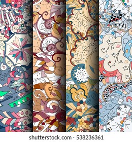 Set of tracery colorful seamless patterns. Curved doodling backgrounds for textile of printing with mehndi and ethnic motives. Vector.
