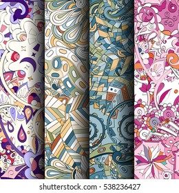 Set of tracery colorful seamless patterns. Curved doodling backgrounds for textile of printing with mehndi and ethnic motives. Vector.
