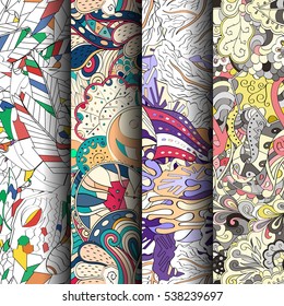 Set of tracery colorful seamless patterns. Curved doodling backgrounds for textile of printing with mehndi and ethnic motives. Vector.