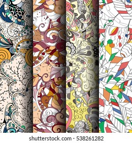 Set of tracery colorful seamless patterns. Curved doodling backgrounds for textile of printing with mehndi and ethnic motives. Vector.