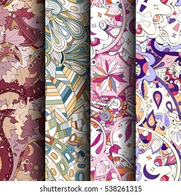 Set of tracery colorful seamless patterns. Curved doodling backgrounds for textile of printing with mehndi and ethnic motives. Vector.