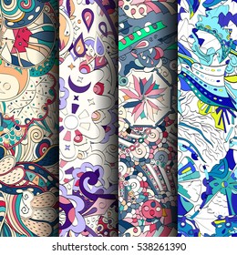 Set of tracery colorful seamless patterns. Curved doodling backgrounds for textile of printing with mehndi and ethnic motives. Vector.