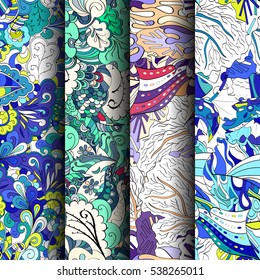 Set of tracery colorful seamless patterns. Curved doodling backgrounds for textile of printing with mehndi and ethnic motives. Vector.