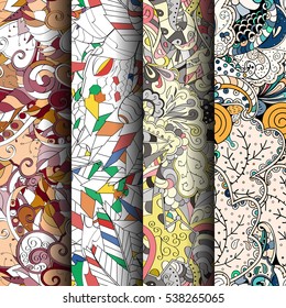 Set of tracery colorful seamless patterns. Curved doodling backgrounds for textile of printing with mehndi and ethnic motives. Vector.