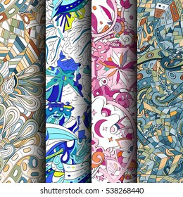 Set of tracery colorful seamless patterns. Curved doodling backgrounds for textile of printing with mehndi and ethnic motives. Vector.