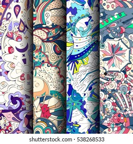Set of tracery colorful seamless patterns. Curved doodling backgrounds for textile of printing with mehndi and ethnic motives. Vector.