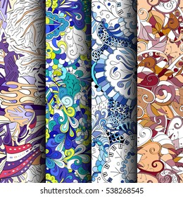 Set of tracery colorful seamless patterns. Curved doodling backgrounds for textile of printing with mehndi and ethnic motives. Vector.