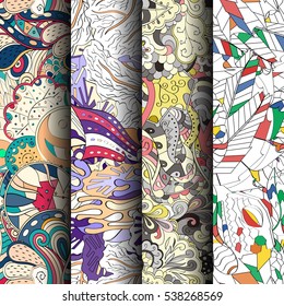 Set of tracery colorful seamless patterns. Curved doodling backgrounds for textile of printing with mehndi and ethnic motives. Vector.