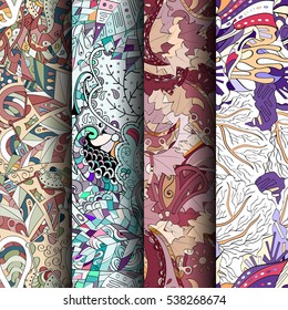 Set of tracery colorful seamless patterns. Curved doodling backgrounds for textile of printing with mehndi and ethnic motives. Vector.
