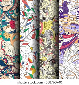 Set of tracery colorful seamless patterns. Curved doodling backgrounds for textile of printing with mehndi and ethnic motives. Vector.