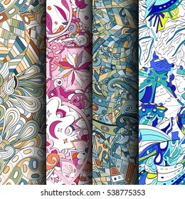 Set of tracery colorful seamless patterns. Curved doodling backgrounds for textile of printing with mehndi and ethnic motives. Vector.
