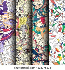 Set of tracery colorful seamless patterns. Curved doodling backgrounds for textile of printing with mehndi and ethnic motives. Vector.