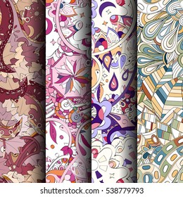 Set of tracery colorful seamless patterns. Curved doodling backgrounds for textile of printing with mehndi and ethnic motives. Vector.