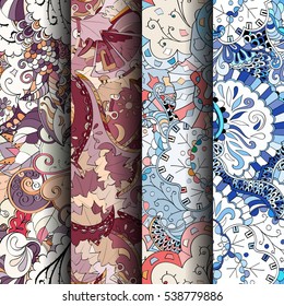 Set of tracery colorful seamless patterns. Curved doodling backgrounds for textile of printing with mehndi and ethnic motives. Vector.