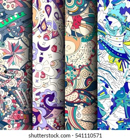 Set of tracery colorful seamless patterns. Curved doodling backgrounds for textile or printing with mehndi and ethnic motives. Vector.