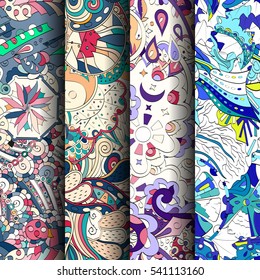 Set of tracery colorful seamless patterns. Curved doodling backgrounds for textile or printing with mehndi and ethnic motives. Vector.