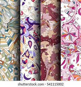 Set of tracery colorful seamless patterns. Curved doodling backgrounds for textile or printing with mehndi and ethnic motives. Vector.
