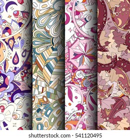 Set of tracery colorful seamless patterns. Curved doodling backgrounds for textile or printing with mehndi and ethnic motives. Vector.