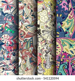 Set of tracery colorful seamless patterns. Curved doodling backgrounds for textile or printing with mehndi and ethnic motives. Vector.