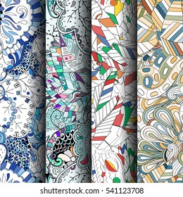 Set of tracery colorful seamless patterns. Curved doodling backgrounds for textile or printing with mehndi and ethnic motives. Vector.