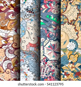 Set of tracery colorful seamless patterns. Curved doodling backgrounds for textile or printing with mehndi and ethnic motives. Vector.