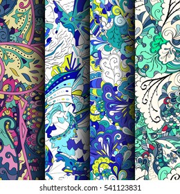 Set of tracery colorful seamless patterns. Curved doodling backgrounds for textile or printing with mehndi and ethnic motives. Vector.