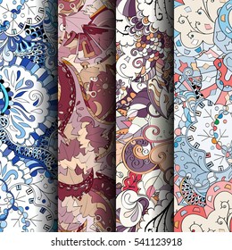 Set of tracery colorful seamless patterns. Curved doodling backgrounds for textile or printing with mehndi and ethnic motives. Vector.