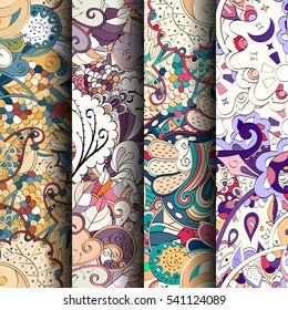 Set of tracery colorful seamless patterns. Curved doodling backgrounds for textile or printing with mehndi and ethnic motives. Vector.