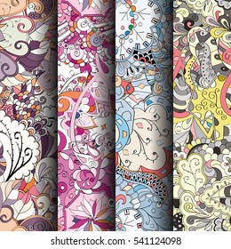 Set of tracery colorful seamless patterns. Curved doodling backgrounds for textile or printing with mehndi and ethnic motives. Vector.