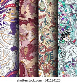 Set of tracery colorful seamless patterns. Curved doodling backgrounds for textile or printing with mehndi and ethnic motives. Vector.
