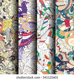 Set of tracery colorful seamless patterns. Curved doodling backgrounds for textile or printing with mehndi and ethnic motives. Vector.