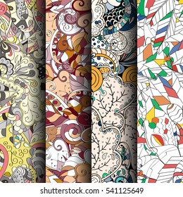 Set of tracery colorful seamless patterns. Curved doodling backgrounds for textile or printing with mehndi and ethnic motives. Vector.