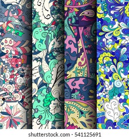 Set of tracery colorful seamless patterns. Curved doodling backgrounds for textile or printing with mehndi and ethnic motives. Vector.