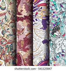 Set of tracery colorful seamless patterns. Curved doodling backgrounds for textile or printing with mehndi and ethnic motives. Vector.