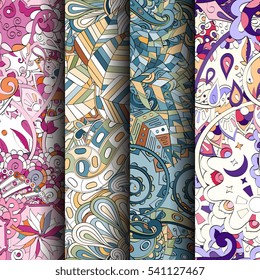 Set of tracery colorful seamless patterns. Curved doodling backgrounds for textile or printing with mehndi and ethnic motives. Vector.
