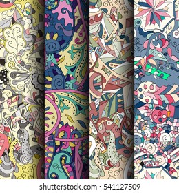 Set of tracery colorful seamless patterns. Curved doodling backgrounds for textile or printing with mehndi and ethnic motives. Vector.