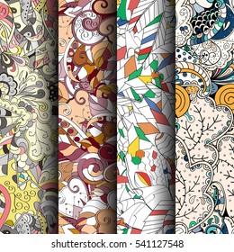 Set of tracery colorful seamless patterns. Curved doodling backgrounds for textile or printing with mehndi and ethnic motives. Vector.