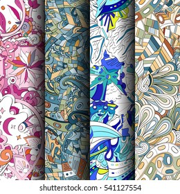 Set of tracery colorful seamless patterns. Curved doodling backgrounds for textile or printing with mehndi and ethnic motives. Vector.