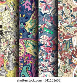 Set of tracery colorful seamless patterns. Curved doodling backgrounds for textile or printing with mehndi and ethnic motives. Vector.