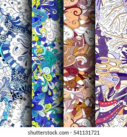 Set of tracery colorful seamless patterns. Curved doodling backgrounds for textile or printing with mehndi and ethnic motives. Vector.